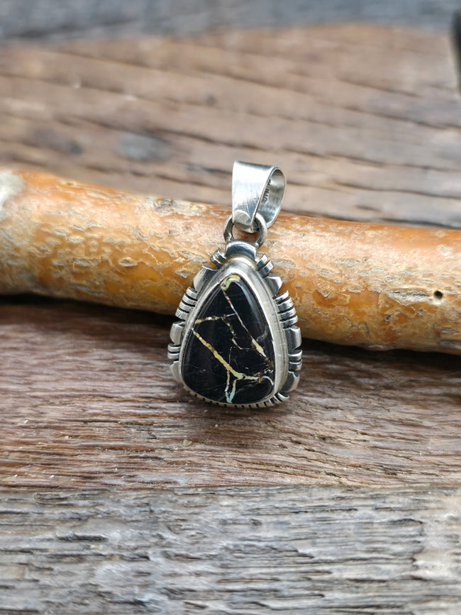 Sterling Silver Black Jack Turquoise Pendant - 1 in. by 5/8 in.