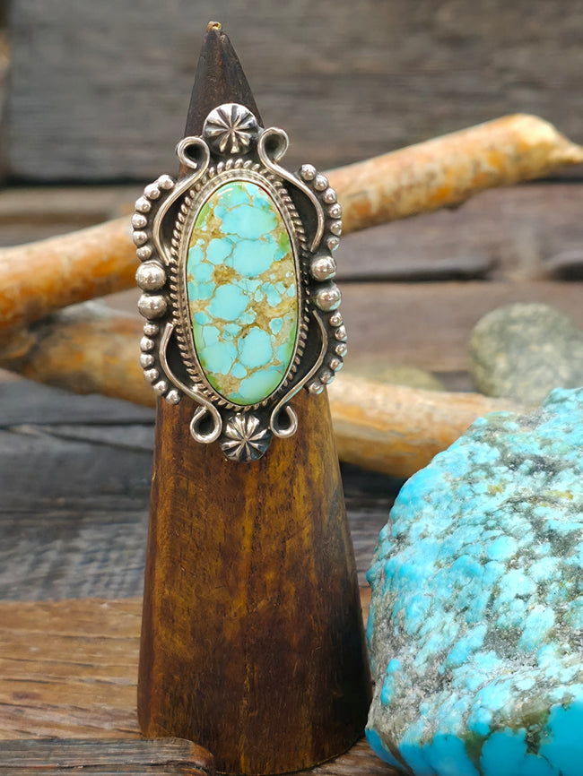 Sterling Silver Blue Turquoise Oval Ring by Geneva Apachito - Size 9