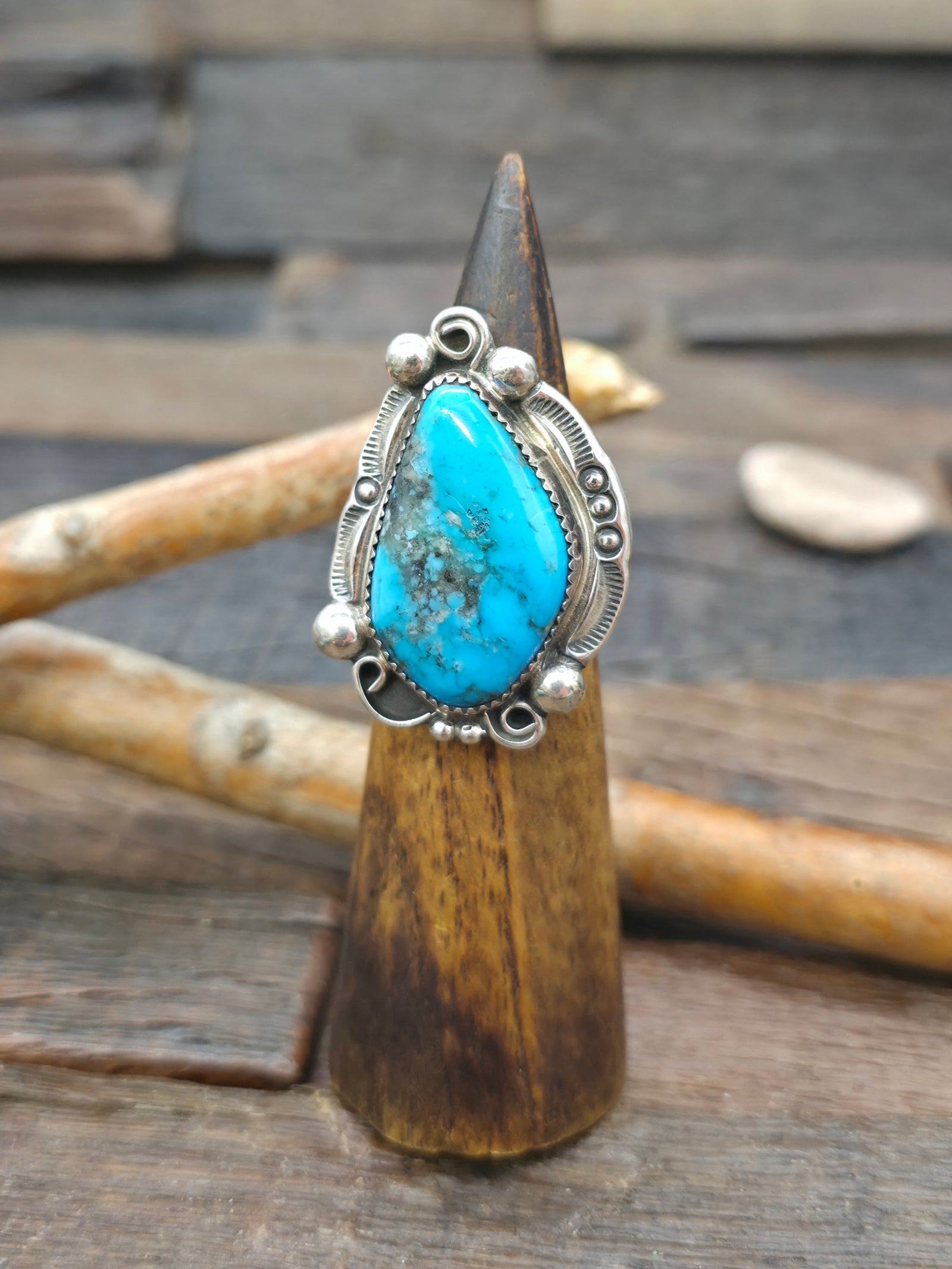 Sterling Silver Turquoise Ring by Leslie Nez - Size 9