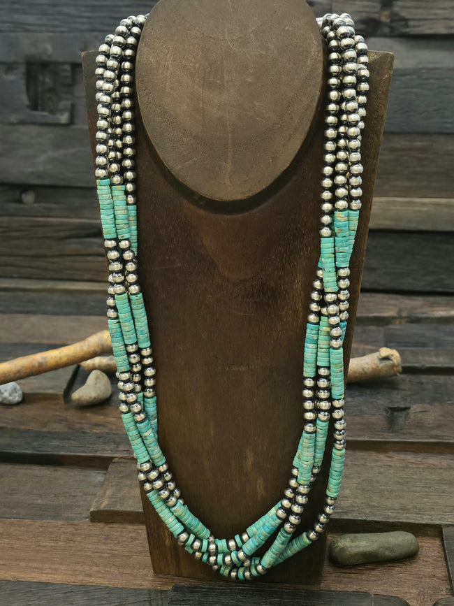 Four Strand Sterling Silver and Turquoise Heishi Necklace by Fred Archuleta - 26 in.