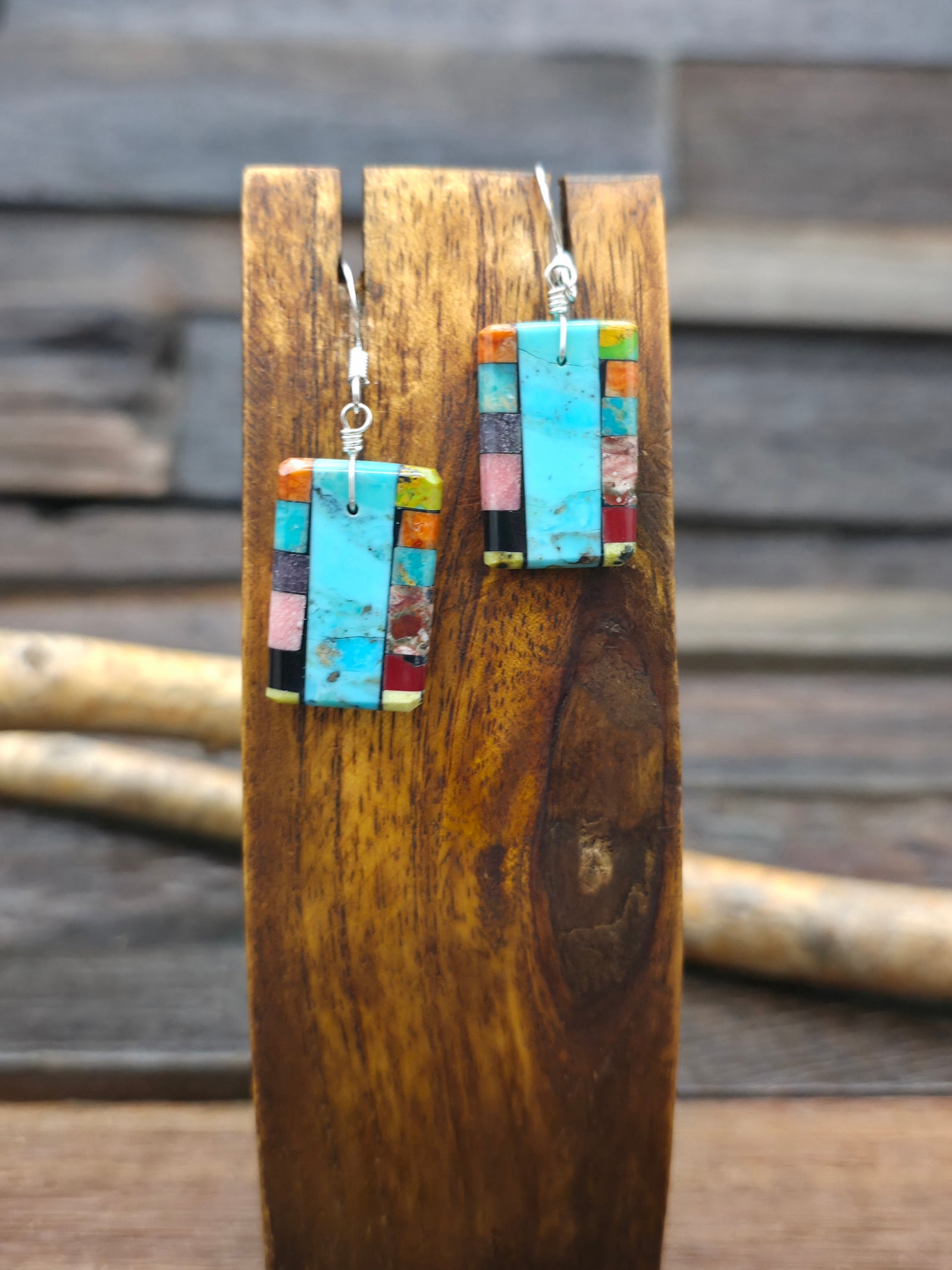 Turquoise Mosaic Inlay Santo Domingo Hook Dangle Earrings by Mary Tafoya