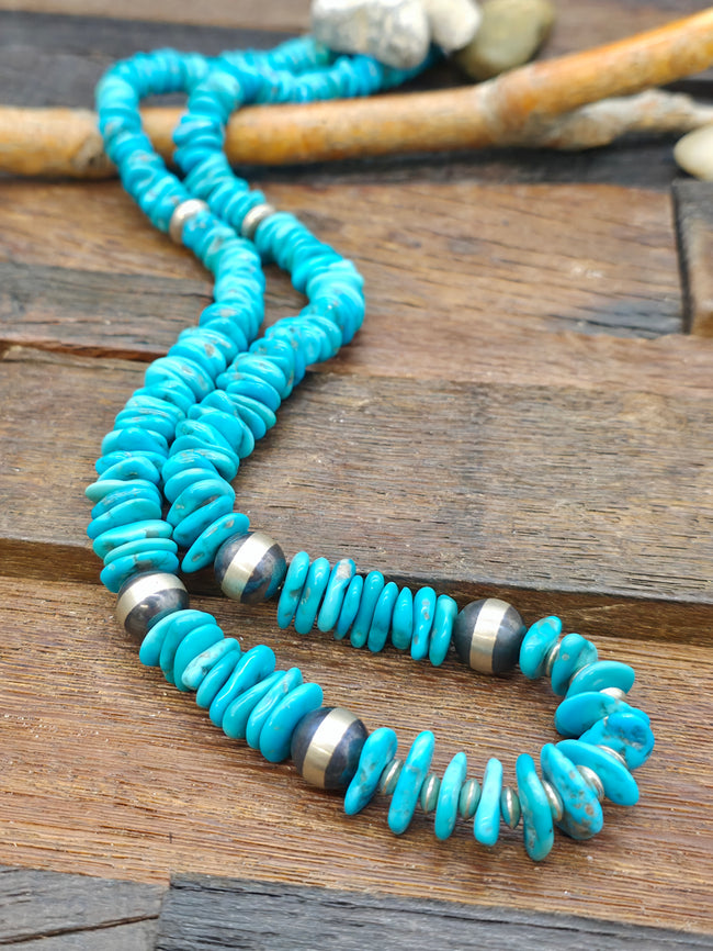 Large Turquoise Chip and Sterling Silver Bead Necklace by Fred Archuleta - 30 in.
