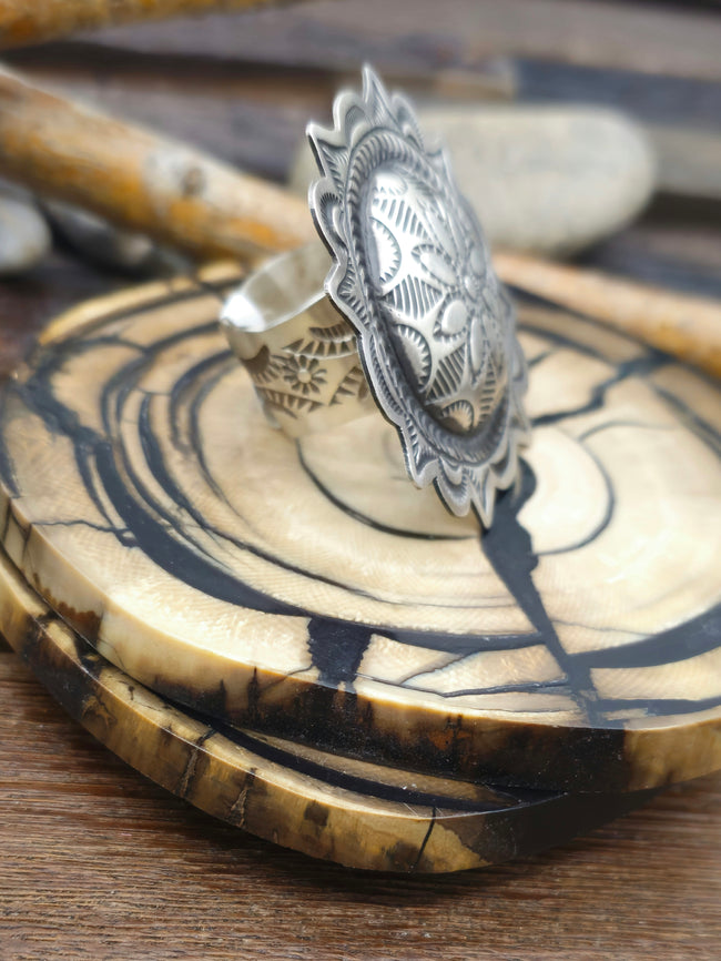 Stamped Sterling Silver Adjustable Ring by Leander Tahe