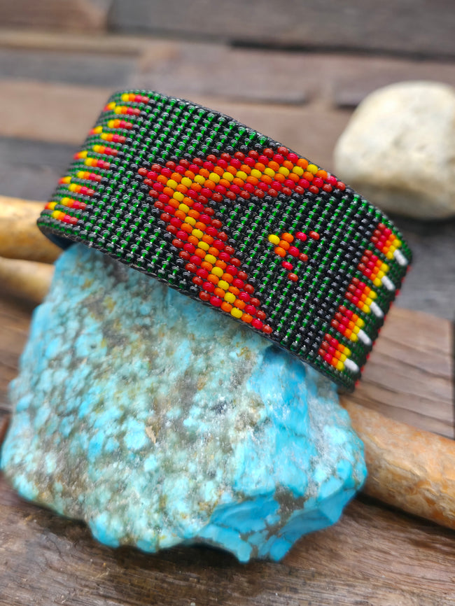 Beadwork Cuff - Orange Gradient on Forest Green by Virgil Whitman - 7 1/2 in.