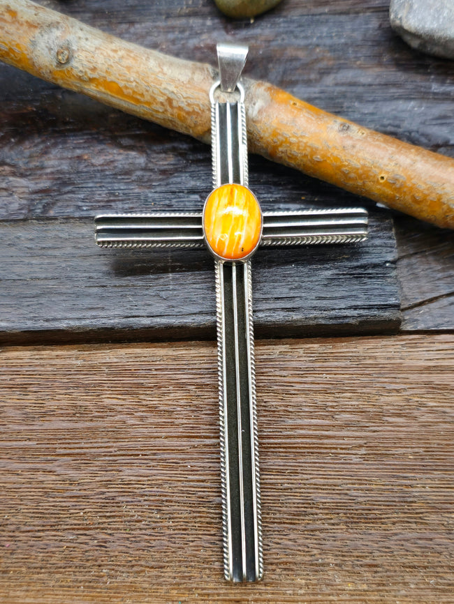 Sterling Silver Spiny Oyster Cross Pendant by Harry Yazzie