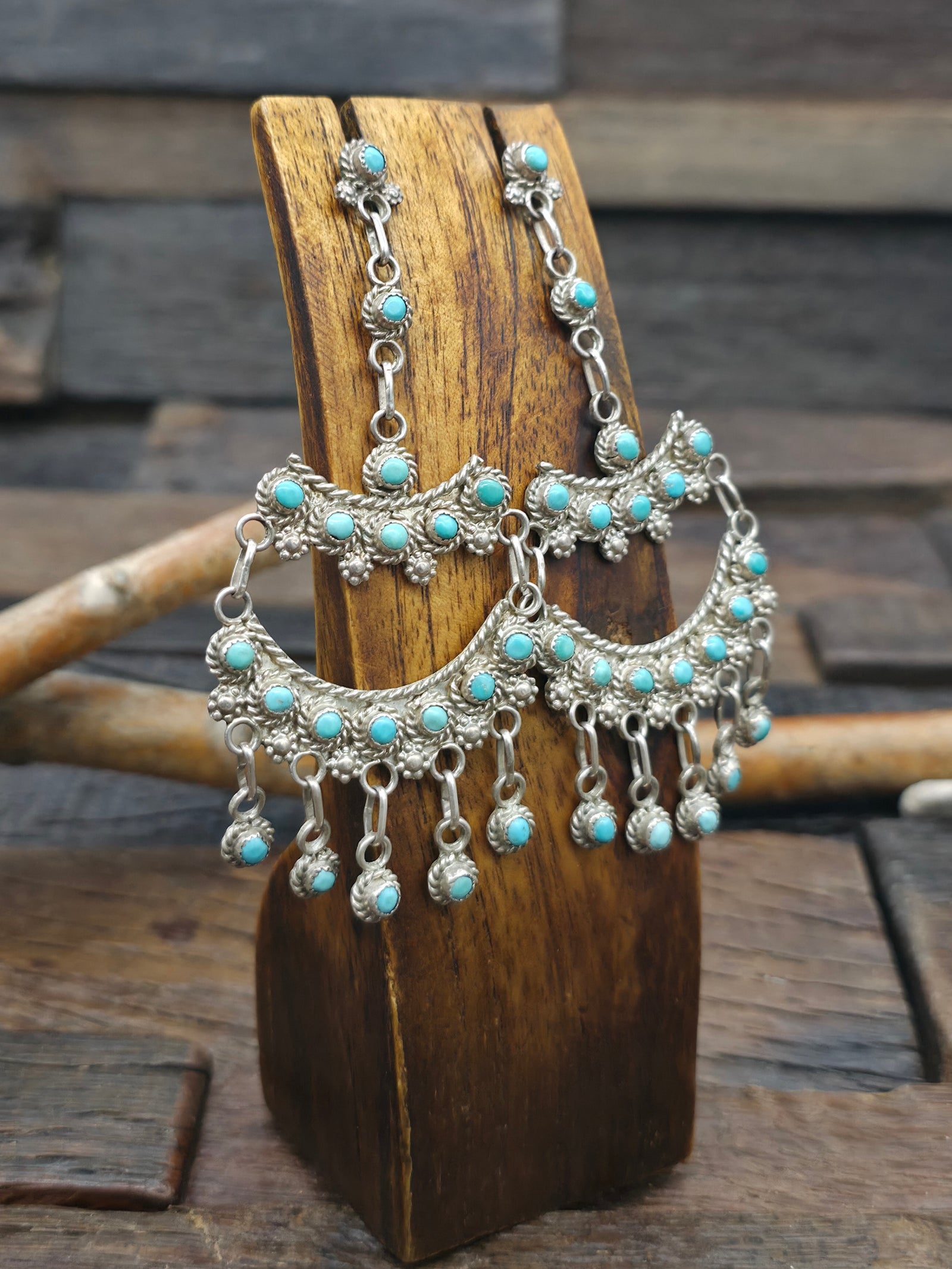 Vintage/Estate Sterling Silver Turquoise Snake Eye Zuni Chandelier Earrings - 3 1/2 in. by 1 1/2 in.