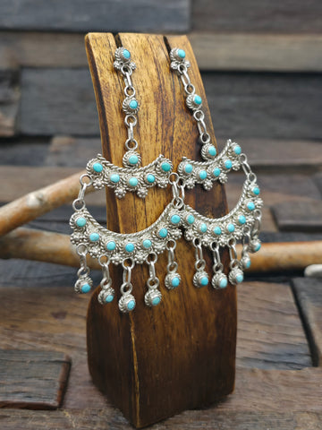 Three Stone Sterling Silver Turquoise Post Dangle Earrings - 3 in. by 1/2 in.