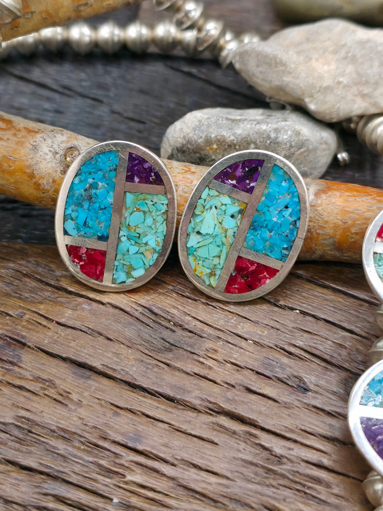 Sterling Silver Turquoise Chip Inlay Squash Blossom Necklace and Earring Set by Leslie Nez - 26 in.