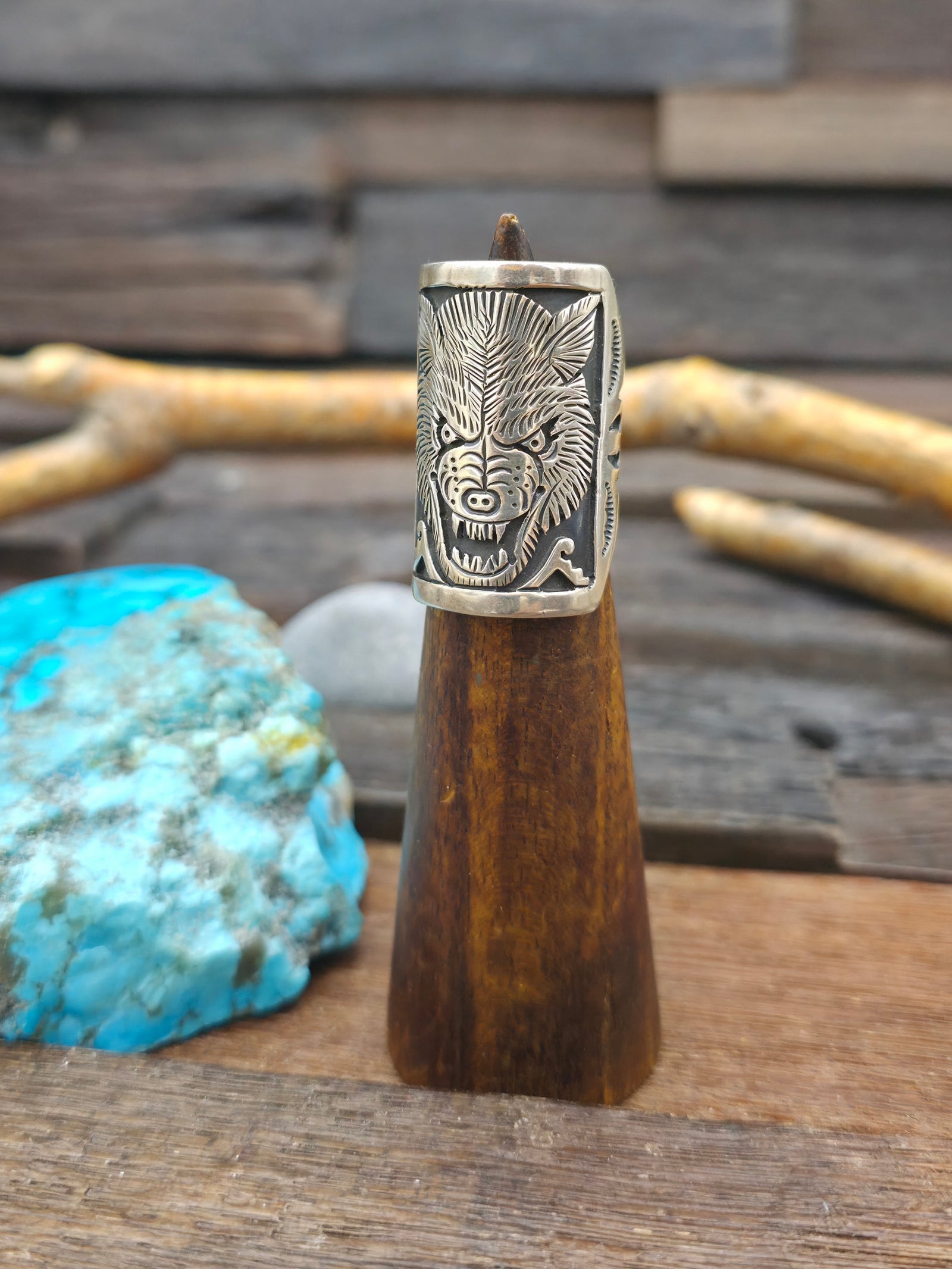 Sterling Silver Overlay Wolf Ring by Fred Charley - Size 7