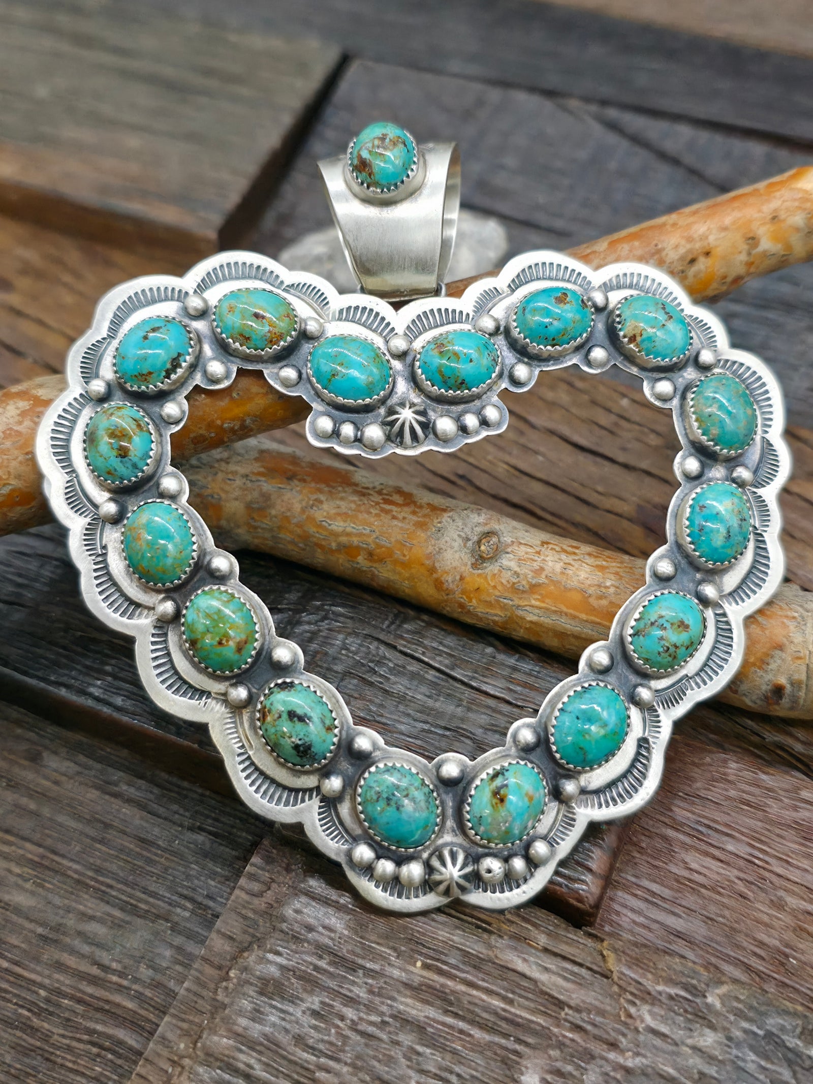 Oxidized Stamped Sterling Silver Turquoise Heart Pendant by Randy Boyd - 4 in. by 3 1/2 in.