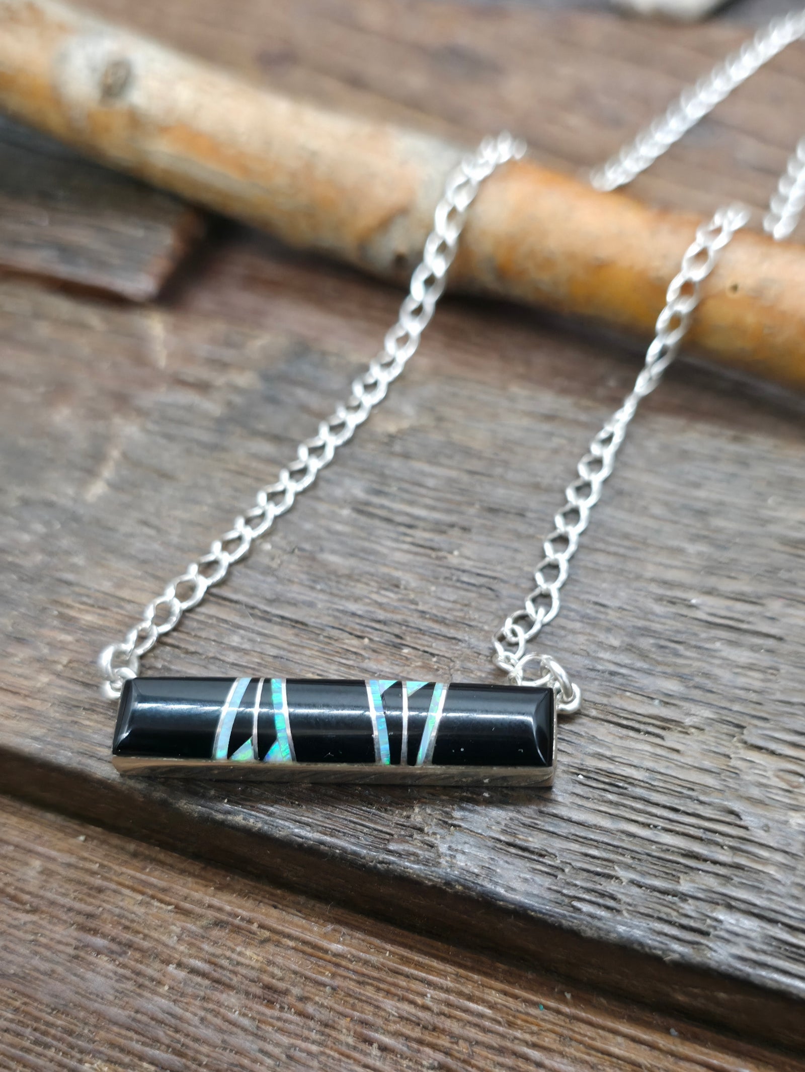 Sterling Silver Inlay Bar Necklace by Cathy Webster - 18 in. - Onyx and Lab Opal