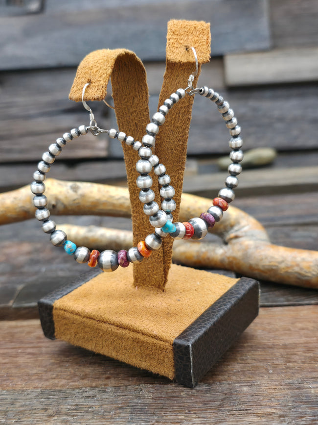 Oxidized Sterling Silver Bead w/Spiny Oyster and Turquoise Hanging Hoop Earrings