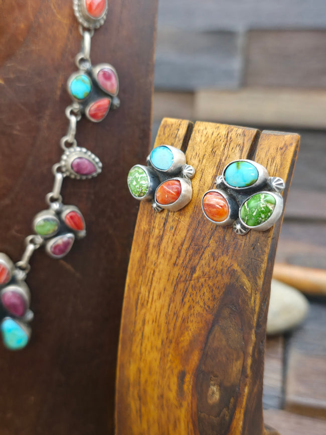 Sterling Silver Sonoran Turquoise, Red and Purple Spiny Oyster Necklace and Earring Set - 21 in.
