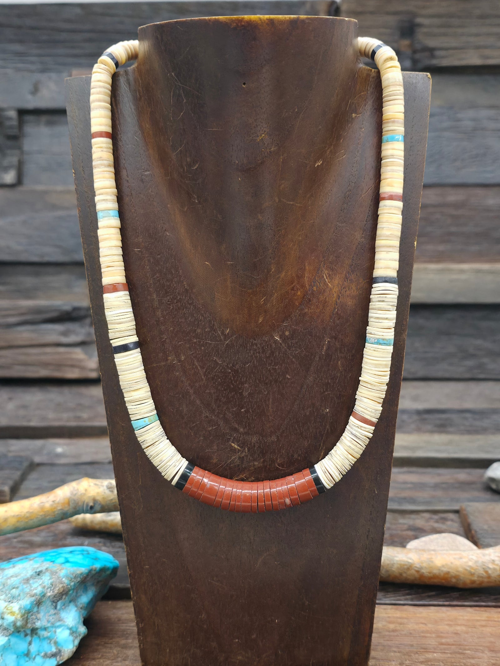 Graduated Heishi Necklace with Melon Shell, Pipestone, Turquoise, and Clam Shell by Torevia Crespin - 17 in.