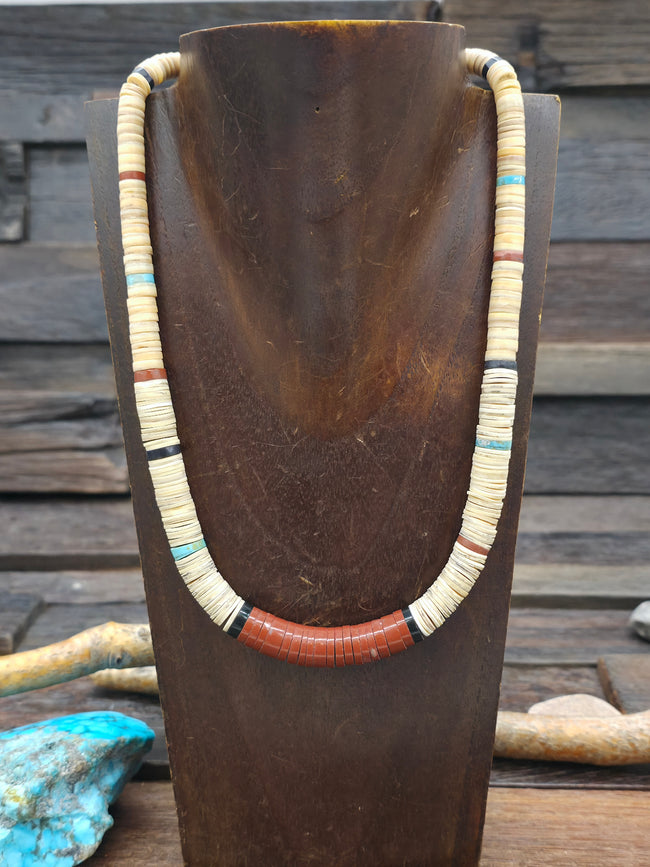 Graduated Heishi Necklace with Melon Shell, Pipestone, Turquoise, and Clam Shell by Torevia Crespin - 17 in.