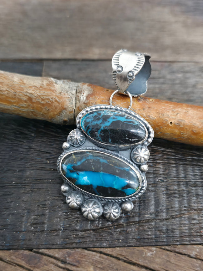 Two Stone Stamped Sterling Silver BlackJack Turquoise Pendant by Tawney Willie - 2 1/4 in. by 1 1/4 in.