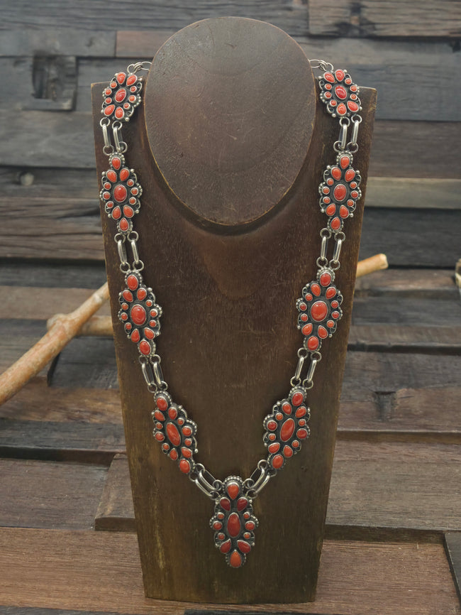 Sterling Silver Coral Cluster Necklace by "CJ" - 24 in.