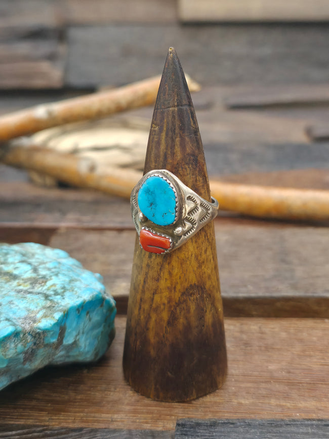 Two Stone Stamped Sterling Silver Turquoise and Coral Ring - Size 11