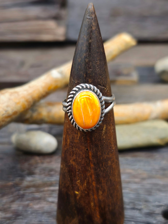 Sterling Silver and Orange Spiny Oyster Ring by Priscilla Smith - Adjustable