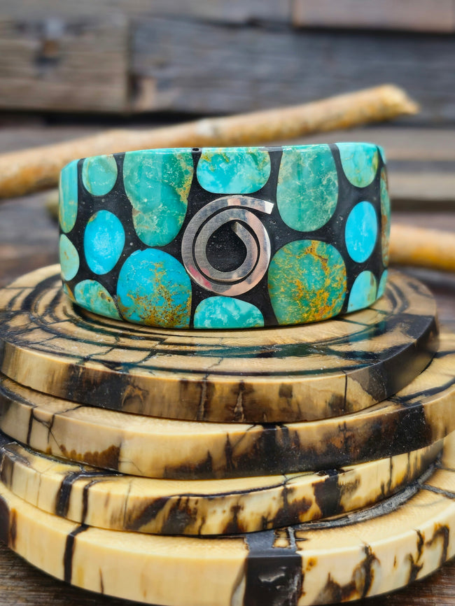 Wide Blue and Green Turquoise Mosaic Inlay Cuff by Daniel Coriz - 6 1/2 in.