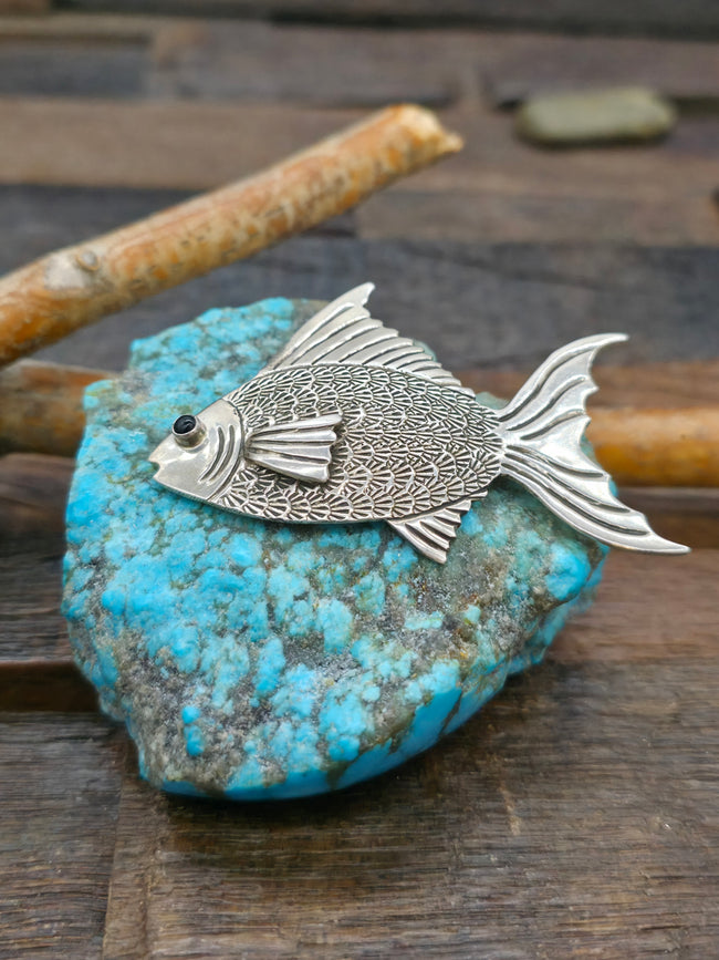 Stamped Sterling Silver Fish Pin with Onyx Eye by Lee Charley