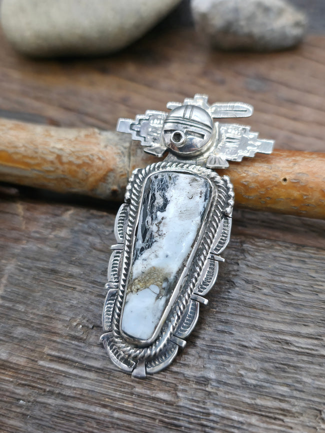 White Buffalo Sterling Silver Kachina Pendant by Bennie Ration - 2 1/2 in. by 1 1/2 in.