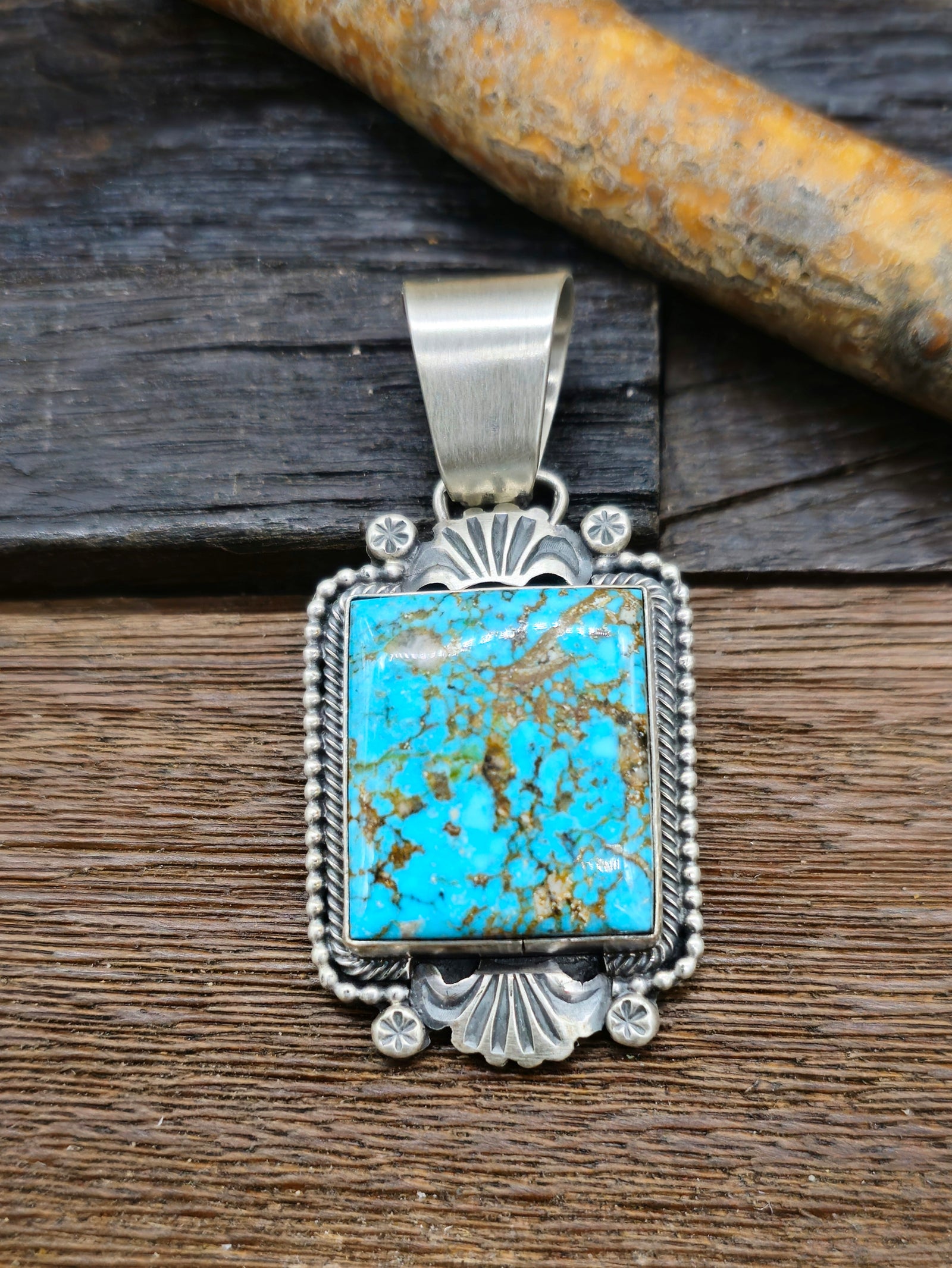 Turquoise Pendant with Stamped Sterling Silver by Darrin Livingston