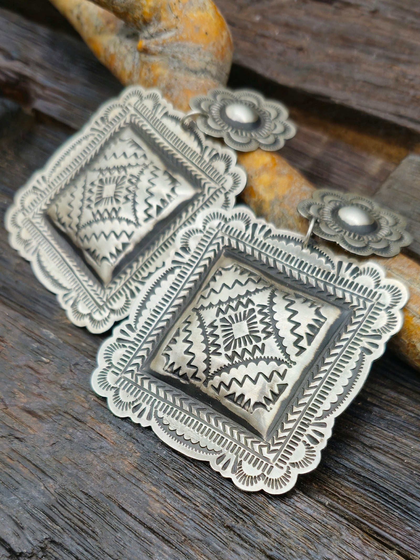 Large Sterling Silver Stamped Square Earrings by Leander Tahe