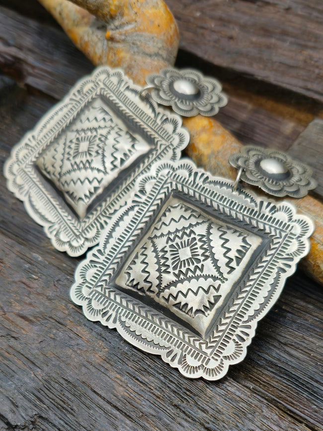 Large Sterling Silver Stamped Square Earrings by Leander Tahe