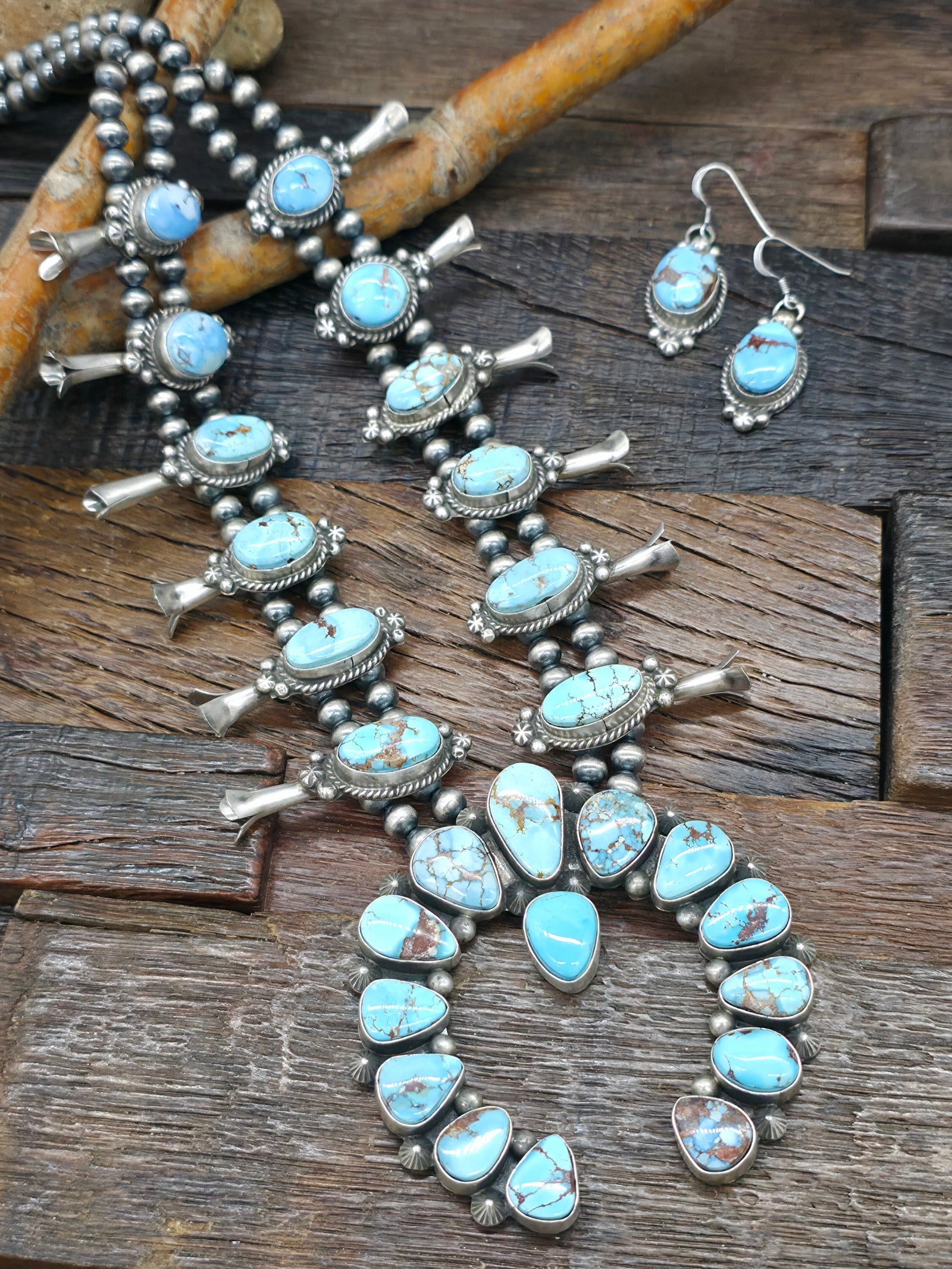 Golden Hill Turquoise Silver Squash Blossom Necklace and Earring Set by Theresa Smith - 22 in.