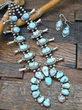 Golden Hill Turquoise Silver Squash Blossom Necklace and Earring Set by Theresa Smith - 22 in.