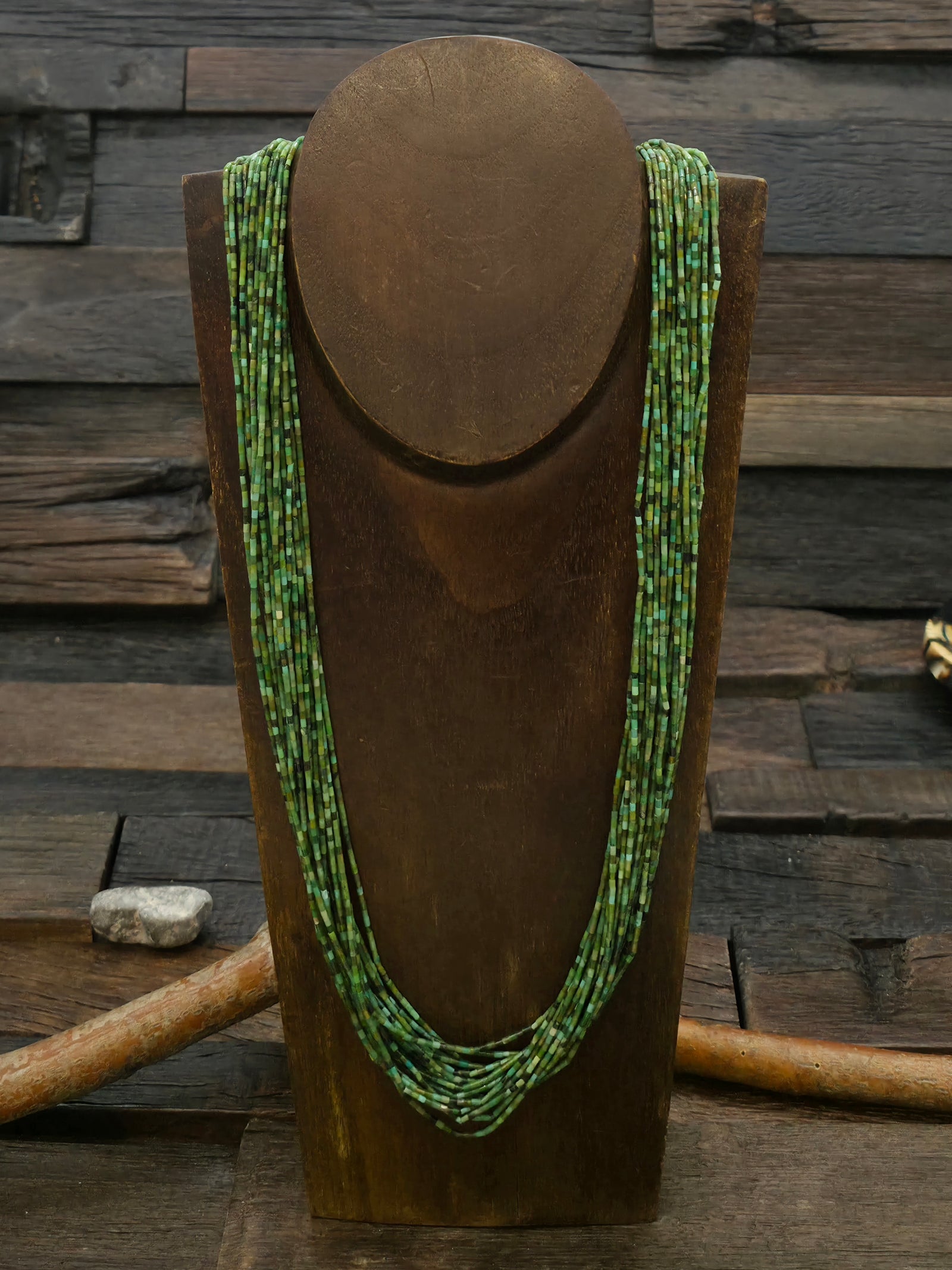 20 Strand Green Turquoise Heishi Necklace with Stamped Sterling Silver Caps by Fred Archuleta - 24 in.