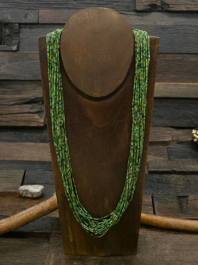 20 Strand Green Turquoise Heishi Necklace with Stamped Sterling Silver Caps by Fred Archuleta - 24 in.