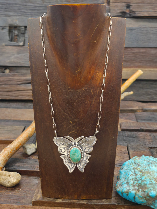 Stamped Sterling Silver Sonoran Turquoise Butterfly Necklace by Bobby Johnson - 18 in.
