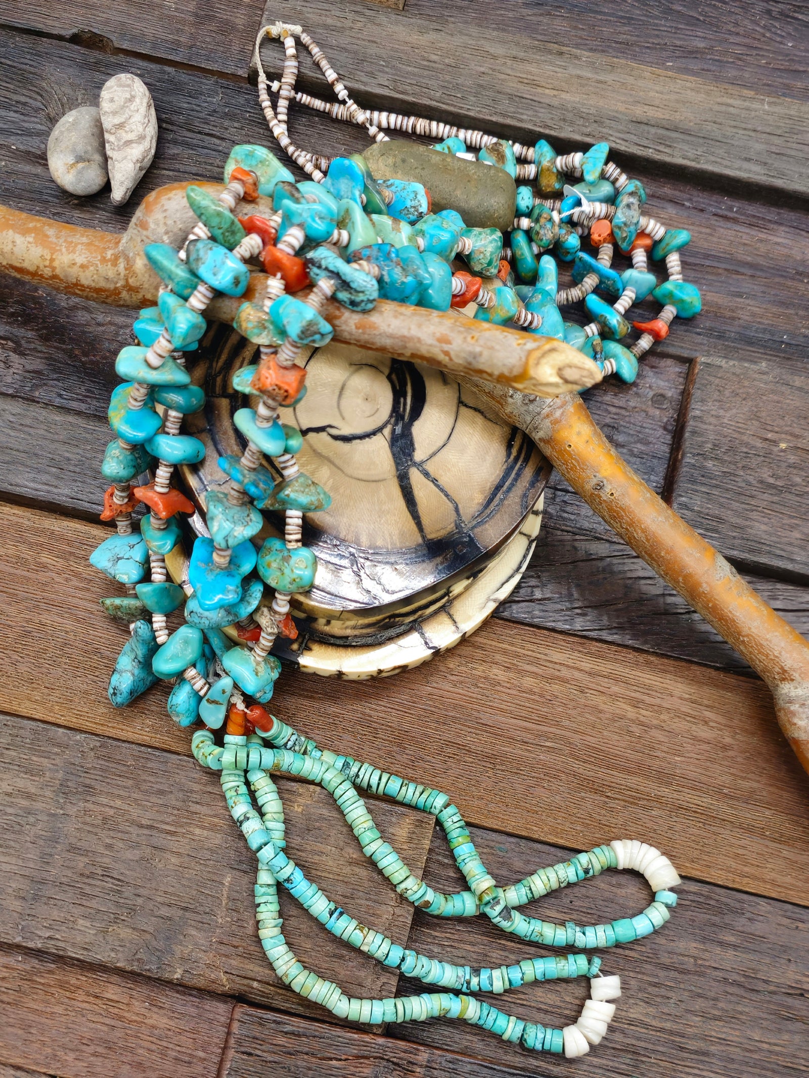 Vintage/Estate Turquoise and Coral Two Strand Necklace with Jacla - 36 in.