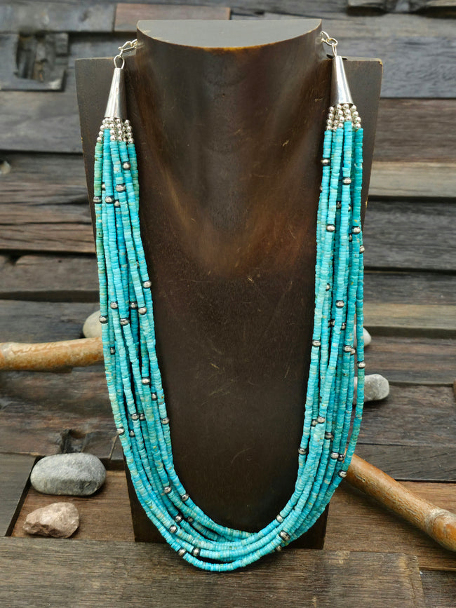 10-Strand Turquoise and Sterling Silver Bead Necklace by Fred Archuleta - 20 in. w/6 in. Extender