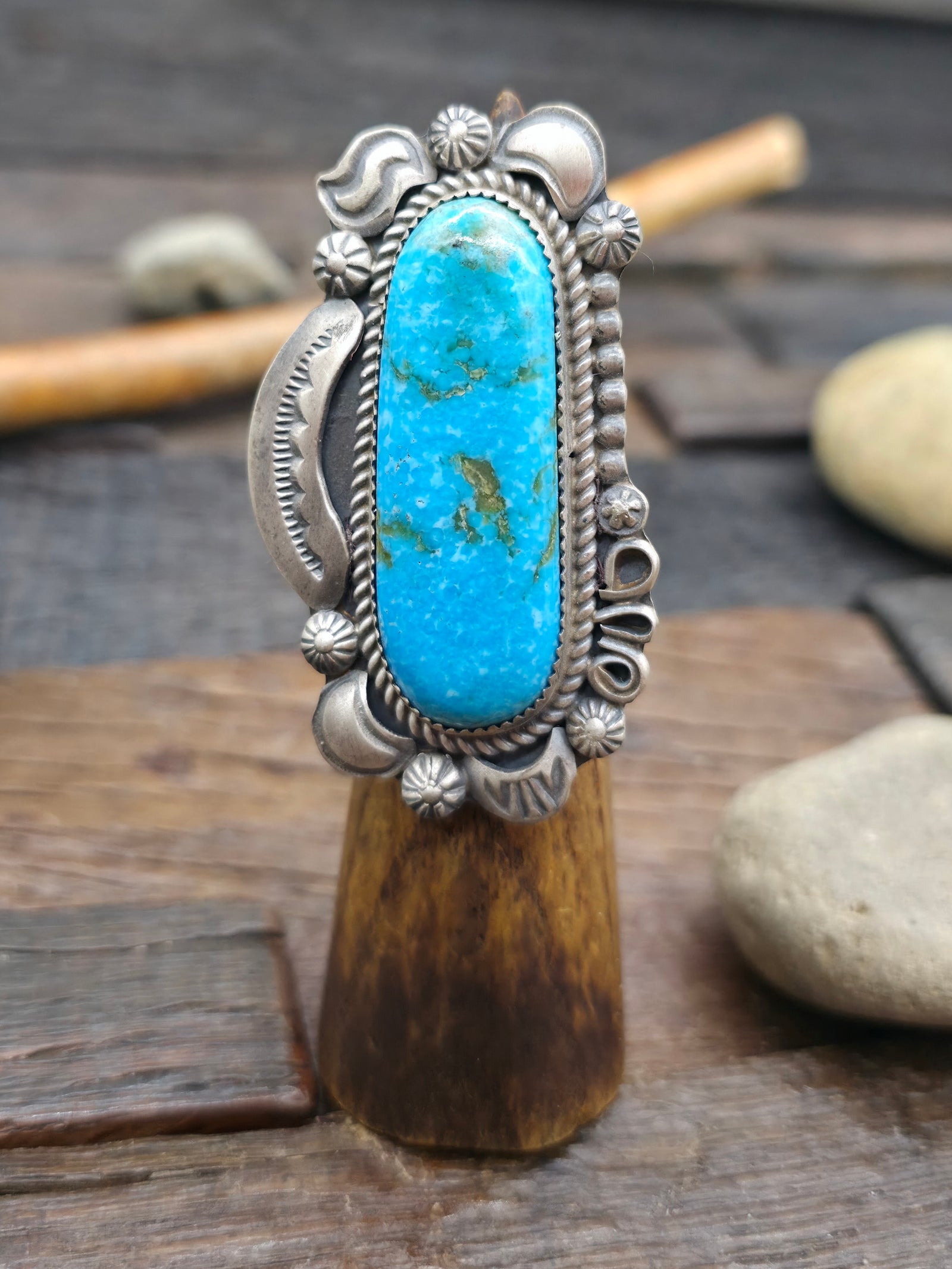 Stamped Sterling Silver Turquoise Statement Ring by Leslie Nez - Size 9