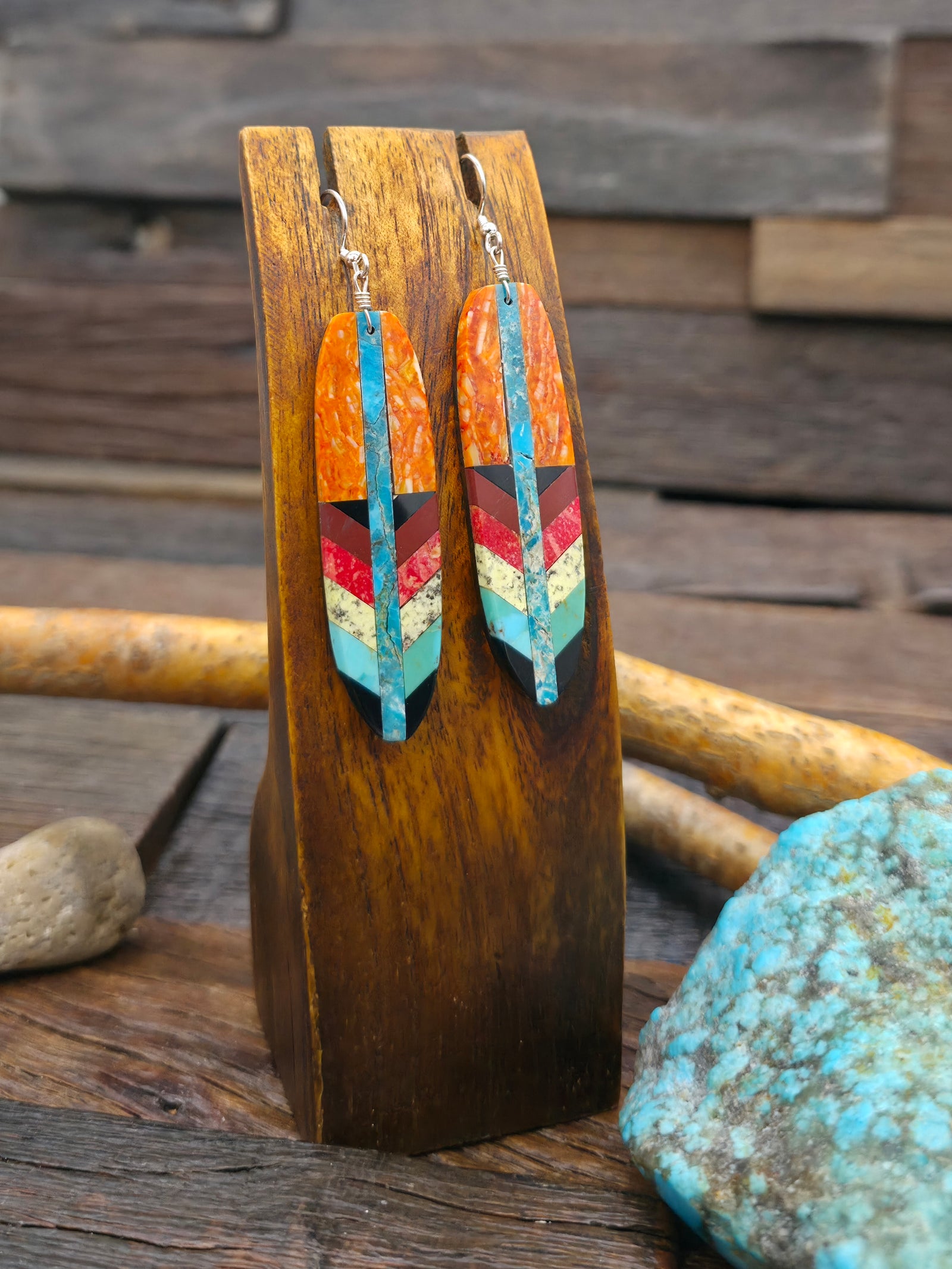 Mosaic Inlay Feather Earrings by Rudy Coriz.