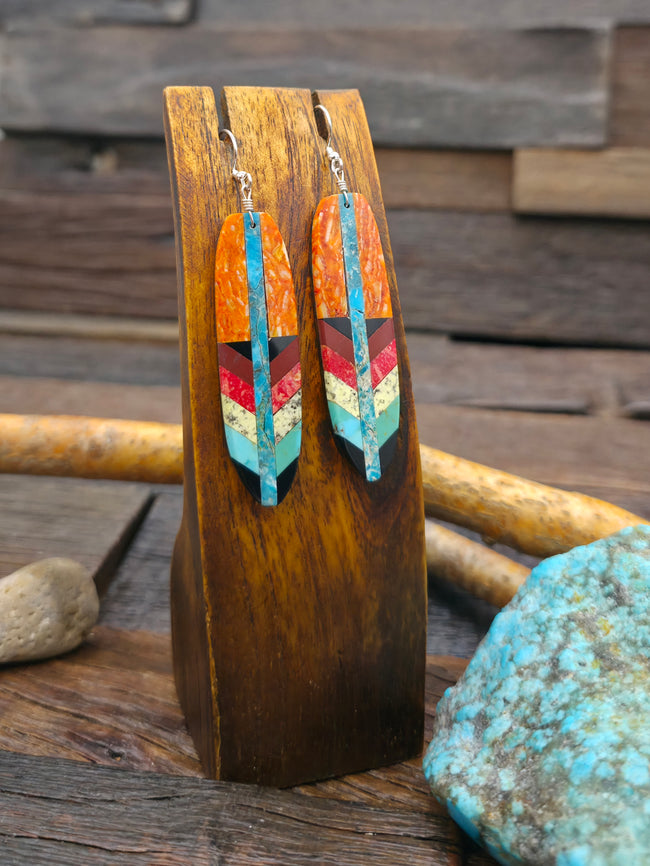Mosaic Inlay Feather Earrings by Rudy Coriz.
