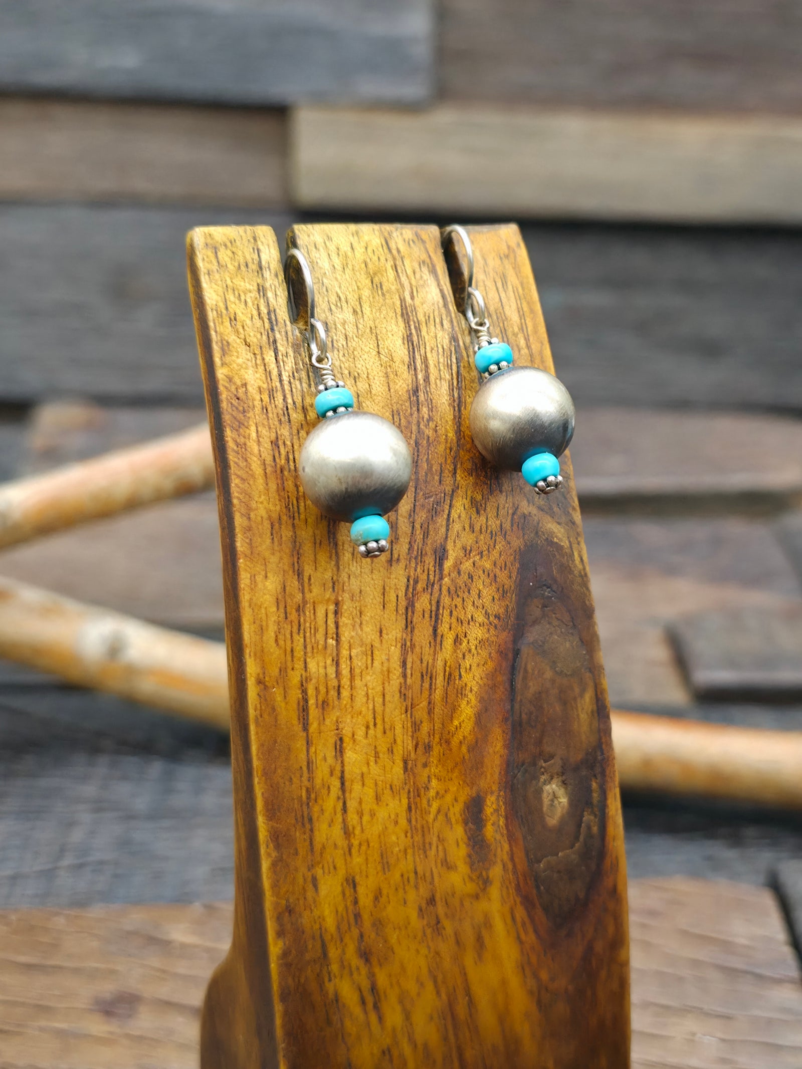 Oxidized Sterling Silver Bead Earrings with Turquoise  - 1 1/2 in. 12 mm. Bead