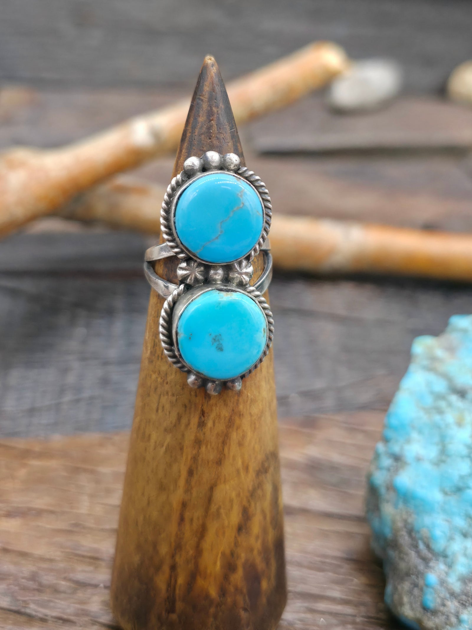 Two Stone Sterling Silver Turquoise Ring by "R" - Size 7 1/2