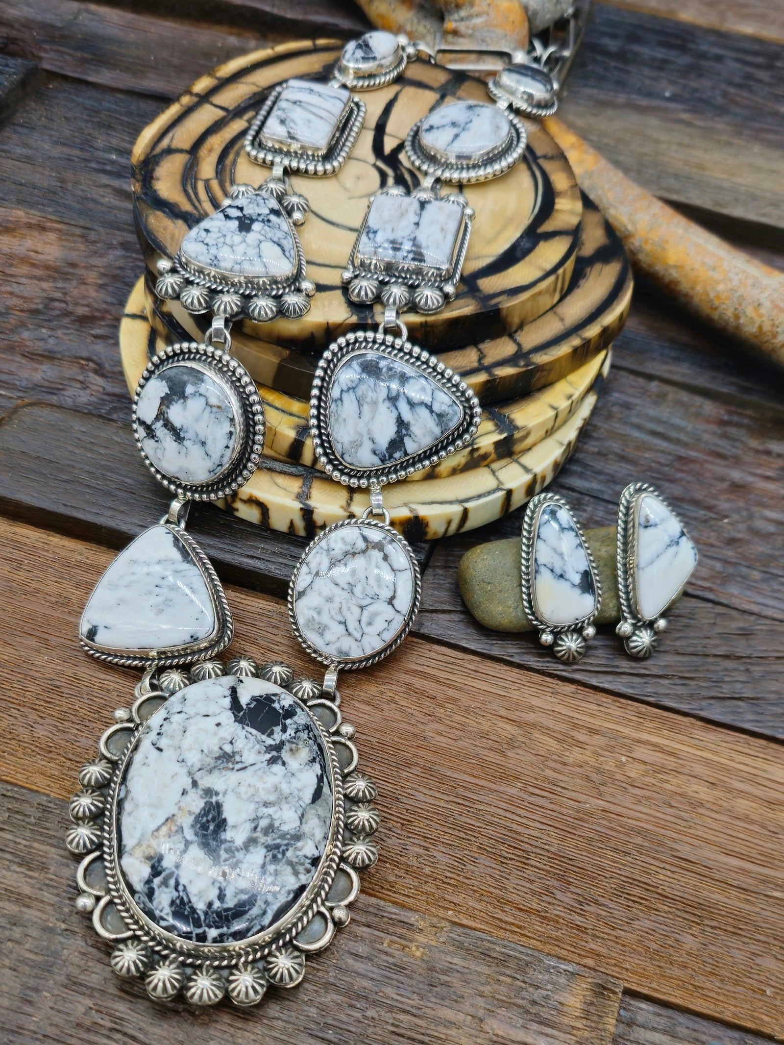 Sterling Silver White Buffalo Necklace and Earring Set by Mary Ellen - 28 in