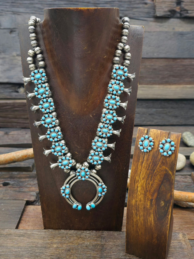 Sterling Silver Turquoise Cluster Squash Blossom Necklace and Earring Set - 22 in.