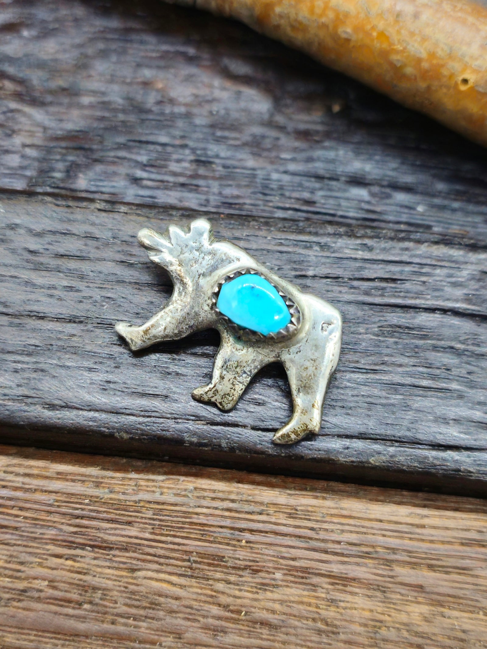Vintage/Estate Sterling Silver Small Bear Pendant with Turquoise