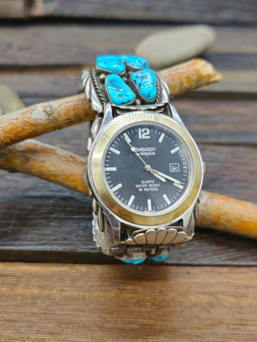 Vintage/Estate Sterling Silver and Turquoise Inlay Watch Cuff -6 1/2 in.