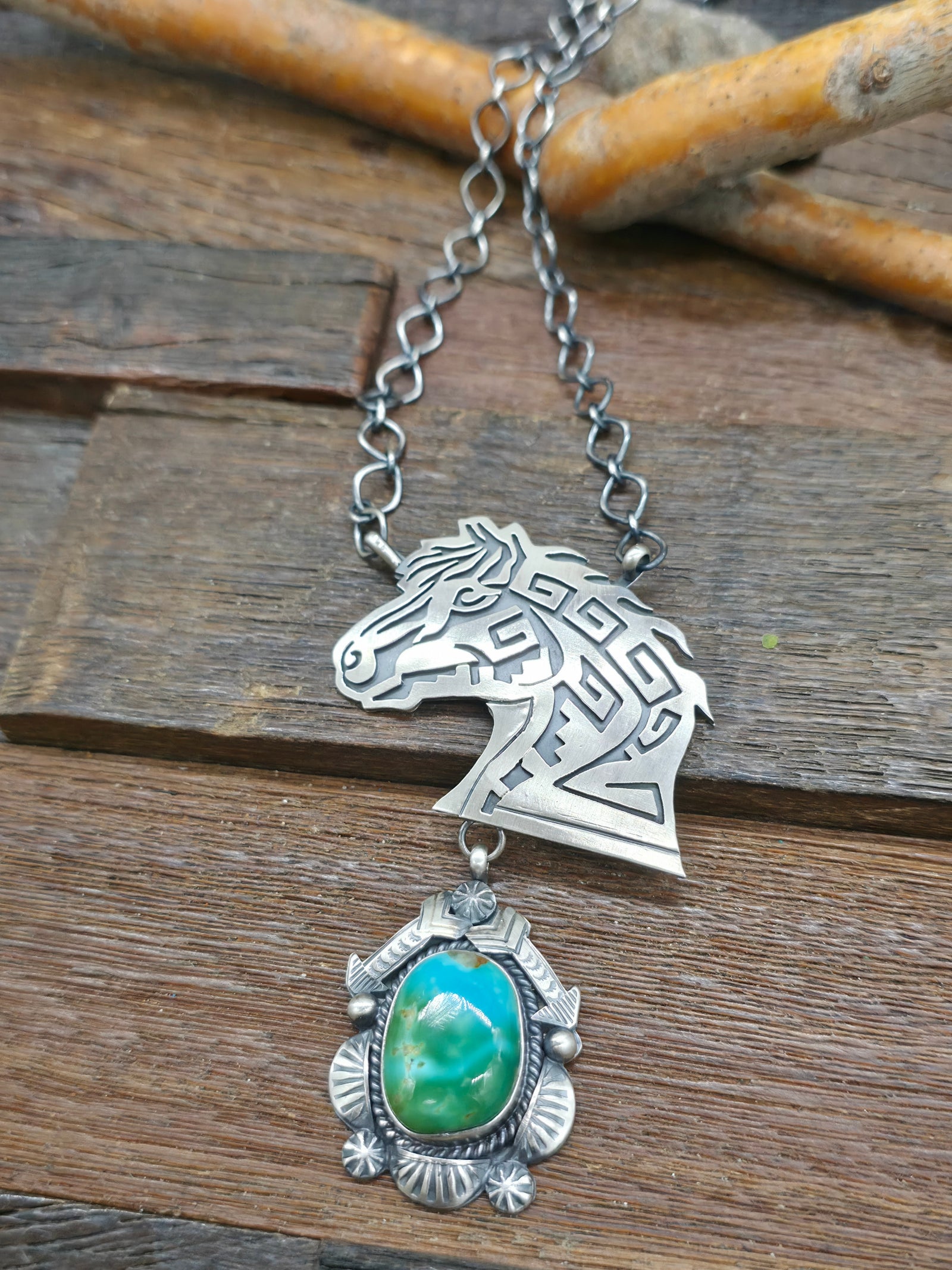 Sterling Silver Overlay Horse Head Lariat Necklace with Sonoran Turquoise - 20 in.