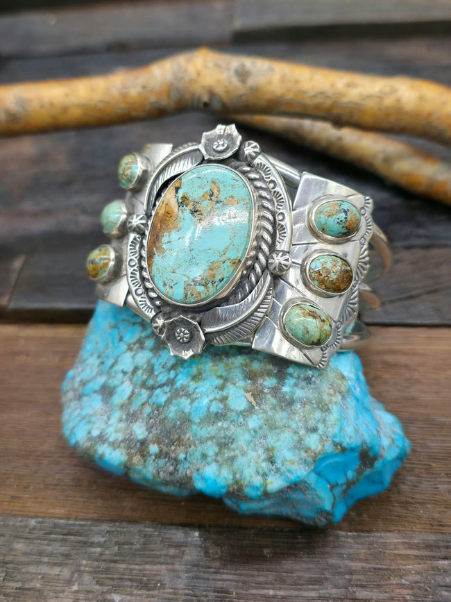 Sterling Silver Cuff with Turquoise and Floral Applique - 7 in.