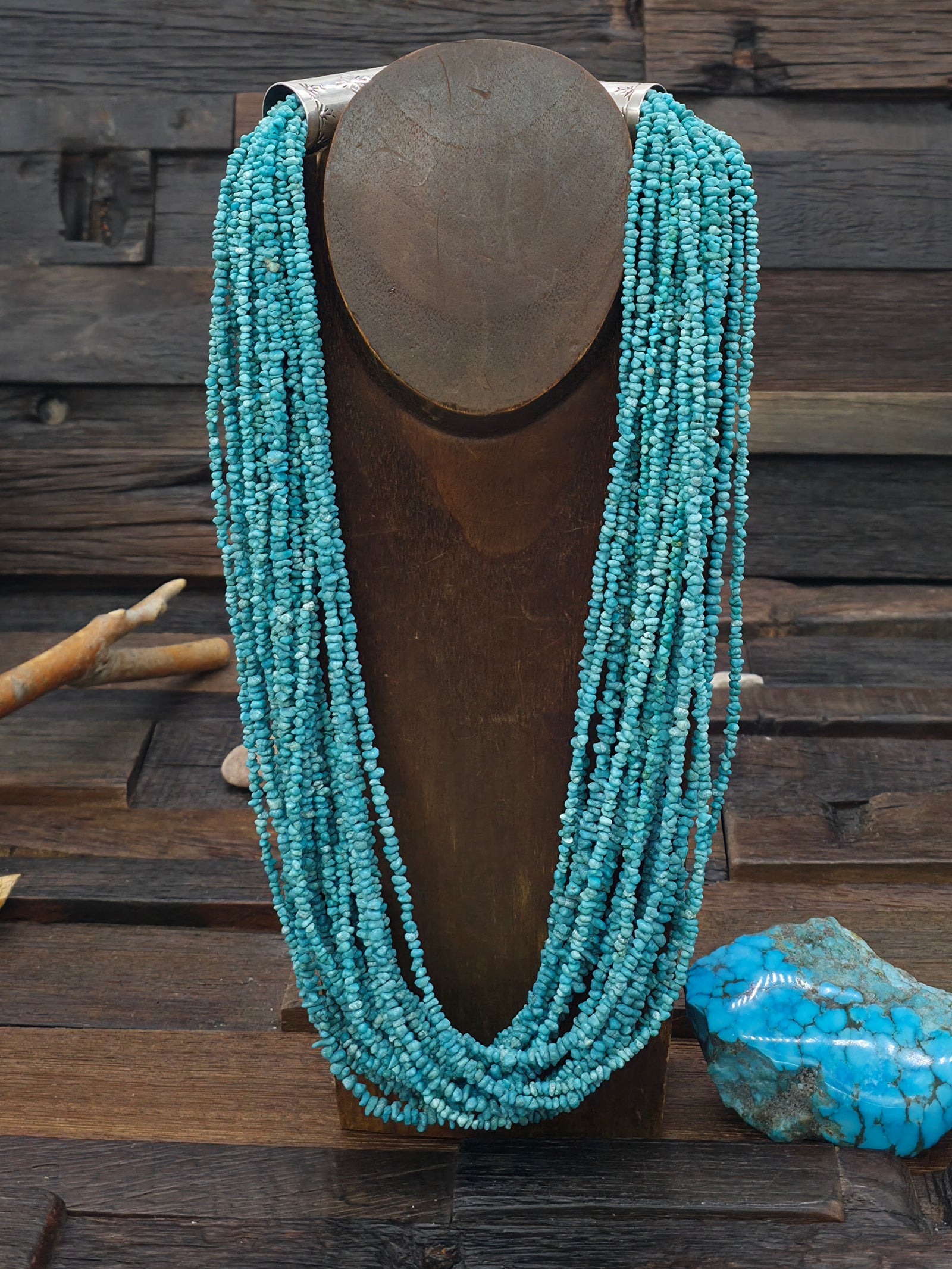 20 Strand Turquoise Mini Nugget Necklace with Stamped Sterling Silver Caps by Amber King - 26 in.
