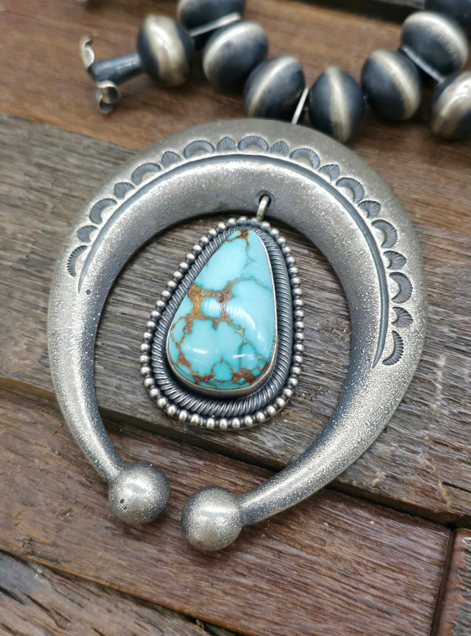 Sterling Silver Royston Turquoise Squash Blossom Necklace by Ernest Begay and Ernest Begay Jr.- 28 in.
