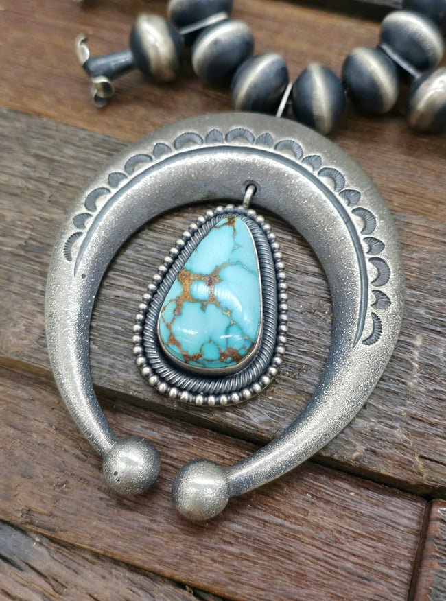 Sterling Silver Royston Turquoise Squash Blossom Necklace by Ernest Begay and Ernest Begay Jr.- 28 in.